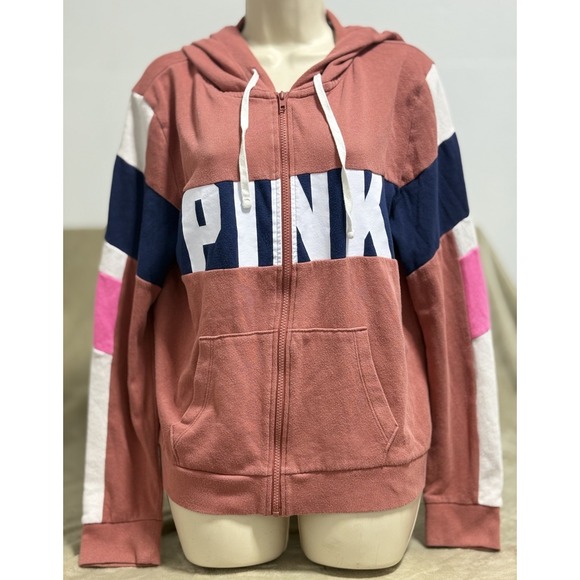 Victoria's Secret Tops - Victoria's Secret PINK Zip‎ Hoodie Color Block Blue White Large Gym School Class